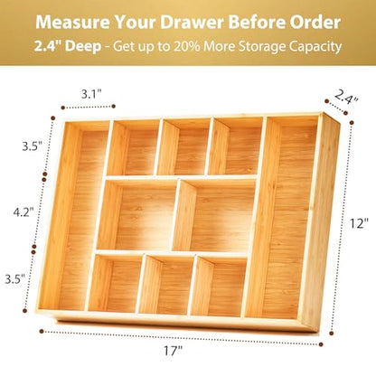 Umilife Extra Large Bamboo Desk Drawer Organizer, Wood Junk Organizer Tray with Adjustable Dividers, Anti-Skip Storage Organization in Office Bathroom Drawer for Vanity, Makeup, 17" x 12" - size: 17"x12"