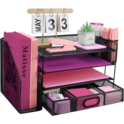 Desk Organizers and Accessories with File Holder, 4-Tier Paper Letter Tray Organiser with Drawer and 2 Pen Holder, Mesh Desktop Document Organizer for Office Supplies, Workspace - Black - color: 4 Tier - Black