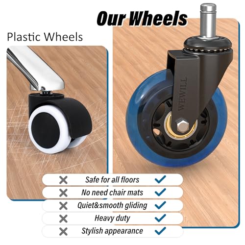 WEWILL Office Chair Wheels - Rubber Casters Replacement Universal Fit 98% Chair(Set of 5) Heavy Duty 3 Inch Smoothly & Quietly Safe for All Floor, Hardwood, Tile, Carpet, Noise Free - Blue - color: Blue