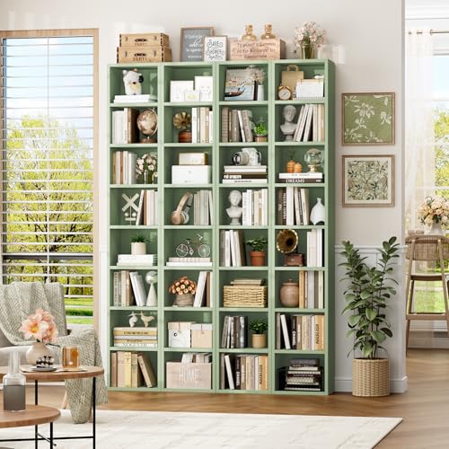 FOTOSOK Bookshelf Bookcase 8-Tier Narrow Bookshelf Tall CD Media Tower Rack | 11.6 X 9.3 X 70.9 Bookshelf, Tall Narrow Slim Skinny Display Bookcase with Cube Storage and 4 Adjustable Shelves, Green - color: Green