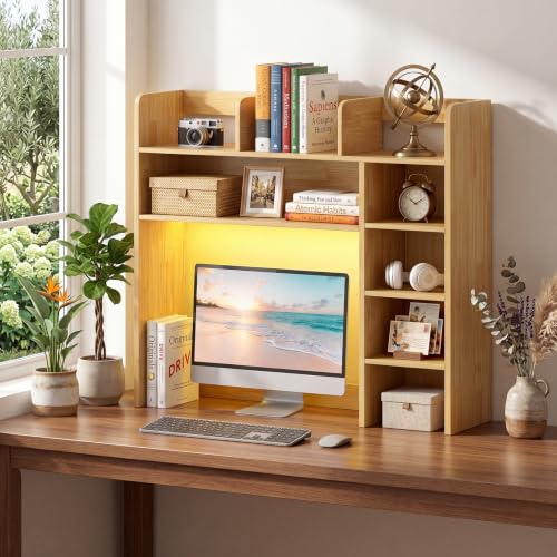 LDAILY Desktop Bookshelf with LED Lights, 35.5’’ Wooden Desk Shelf with 8 Cubes & 3 Adjustable Storage Shelves, 5-Tier Desk Hutch for Dorm College Office Computer Monitor Up to 25’’(Burlywood) - color: Burlywood, size: 8 Shelves