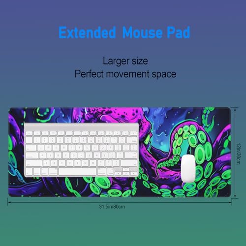 Large Anime Gaming Mouse Pad,Horror Cthulhu Neon Desk Mat,31.5x12 in | Octopus Monster Extended Cool Mousepad,XL Cyberpunk Micro Woven Cloth Esports Computer Keyboard Mat for men,80 x 30 cm - color: Octopus