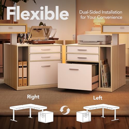 HUANUO LED Electric L Shaped Standing Desk with File Cabinet, Light Walnut | 63"x55" 2-Tier L-Desk,3-Drawer File Cabinet,RGB LED App Lighting,Built-in Power Outlets,27.6"-46.5" Adjustable Height - color: Light Walnut, size: with File Cabinet