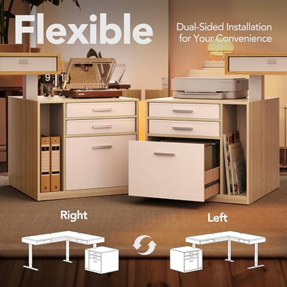 HUANUO LED Electric L Shaped Standing Desk with File Cabinet, Light Walnut | 63"x55" 2-Tier L-Desk,3-Drawer File Cabinet,RGB LED App Lighting,Built-in Power Outlets,27.6"-46.5" Adjustable Height - color: Light Walnut, size: with File Cabinet