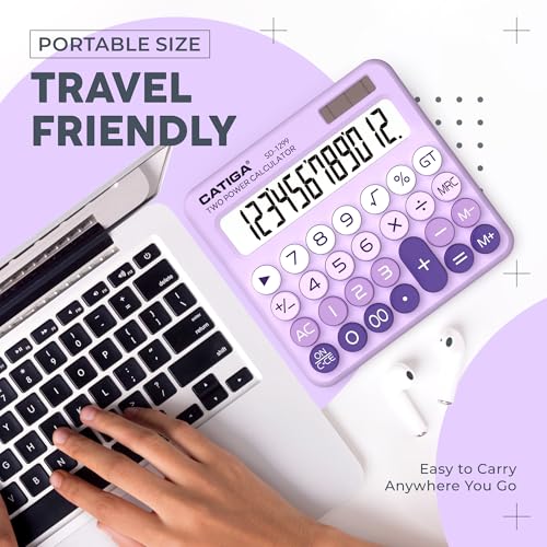 CATIGA Mechanical Switch Calculator with Solar and Battery Dual Power, 12-Digit Large LCD Display, Aesthetic and Cute Desktop Calculator with Big Button, for Home, School and Office Use, SD-1299 - color: Z) Lavender