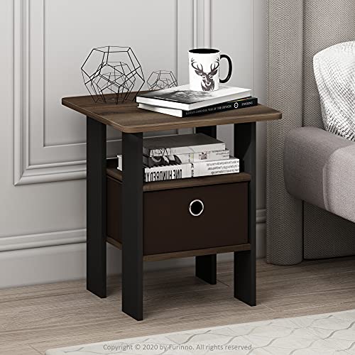 Furinno ANDREY Square Side Table, End Table, Night Stand, Columbia Walnut | Open Shelves, Storage Bin, Soft-Corner, Modern Bedside Table for Small Spaces, Study, Dorm, Living Room, Bedroom - color: Columbia Walnut/Dark Brown, size: 1-Pack, Center Bin