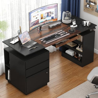 63" Electric Standing Desk with Lockable Drawer, Pegboard and Keyboard Tray, Height Adjustable Stand up Desk with File Cabinet & Shelves, Home Office Computer Gaming Table, Black
