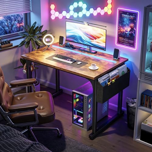 DurayLoly 32" Gaming Desk with Waterproof LED Lights for Bedroom,Brown - color: Rustic Brown, size: 32 IN