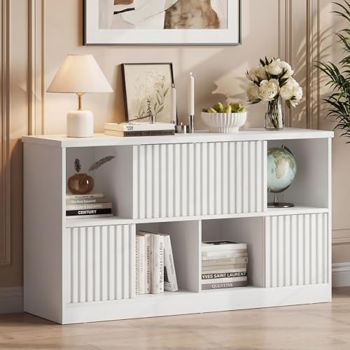Einhomn 8 Cube Storage Organizer with Sliding Doors, Modern Fluted Bookshelf with Storage Cabinet, Wooden Bookcase with 4 Open Shelves for Living Room, Home Office, Bedroom, White - color: White, size: 8 cube