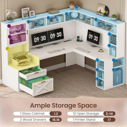 SEDETA 68" Farmhouse L Shaped Office Desk with Hutch, Drawers, Storage - color: White, size: 68 inches