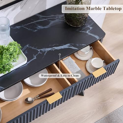 T4TREAM 60 Inch Fluted Buffet Sideboard Cabinet, Dark Grey | Modern Coffee Bar Storage Cabinet With 3 Drawers & 4 Doors, for Dining Room, Living Room, Hallway, Adjustable shelves - color: Dark Grey