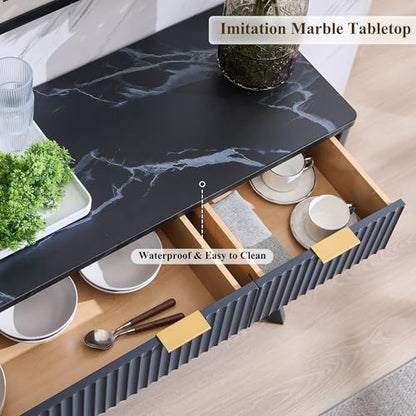 T4TREAM 60 Inch Fluted Buffet Sideboard Cabinet, Dark Grey | Modern Coffee Bar Storage Cabinet With 3 Drawers & 4 Doors, for Dining Room, Living Room, Hallway, Adjustable shelves - color: Dark Grey