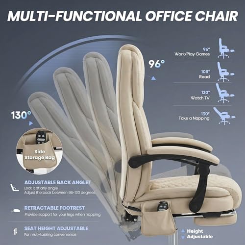 MALOL 300 lbs Massage Office Chair, Big and Tall Desk Chair with 3-Level Heat and Footrest, PU Leather Ergonomic Executive Computer Chair with Side Pocket, Beige - color: Beige, size: Set of 1, style: Classic