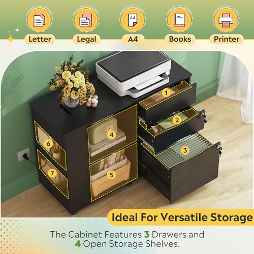 DEVAISE File Cabinet with Lock, 3 Drawer Rolling Mobile Lateral Filing Cabinets with Charging Station Printer Stand with Open Storage Shelves Fits A4 or Letter Size for Home Office Black