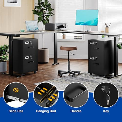 BYNSOE 2 Drawers File Cabinet with Lock Metal Vertical File Cabient with Wheels Mobile File Cabinet for Office Home Legal/Letter/a4 Size Require Assembly - color: Black, size: 27.36"H x 17.71"D x 15"W