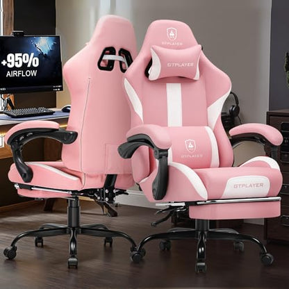GTPLAYER Gaming Chair with Foot Rest & Pocket Spring Cushion, Ergonomic High Back Computer Chair with Headrest & 360°-Swivel Seat for Home Office Desk, PU Leather, Pink - color: Pink, size: Faux Leather