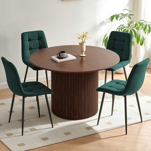 Homedot 5 Pieces Dining Table Set for 4, Rustic Round Dining Table Fluted with Velvet Dining Chairs Upholstered, Walnut Kitchen Table & Green Chairs Set for Living Room, Dining Hall - color: Dark Green, size: 1* Walnut Color Table+4*Chair