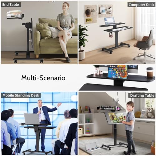Pneumatic Standing Desk with Wheels - Adjustable Height 28" - 46" & 0-90° Tilt, 31.5" x 17.7" Skin-Feel Desktop, Rolling Computer Desk for Home Office, Hospital, School (Black) - color: Black