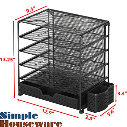 Simple Houseware 5-Tier Desk File Organizer w/Drawer & Pen Holder, Black