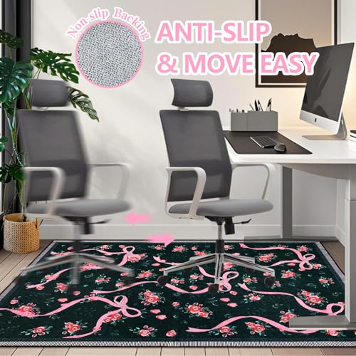 Office Chair Mat for Hardwood/Tile Floor, 36"x48"Desk Chair Mat for Rolling, Non Slip Under TPR Backing Low-Pile Rug(Black Bow Flower) - color: Black Bow Flower