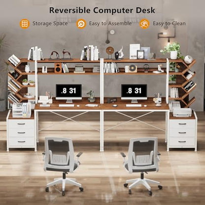 YOMILUVE 52" Computer Desk with Bookshelf, 3 Drawers ＆ Hutch for Bedroom | Office Desk with Printer Shelf, Study Writing Desk with Storage Shelves, Brown and White - color: Brown and White