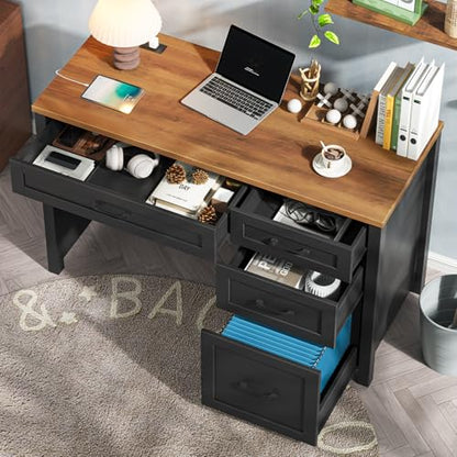 Farmhouse 47" Computer Desk, Executive Desk with File Drawer, Black Brown - color: Black Brown
