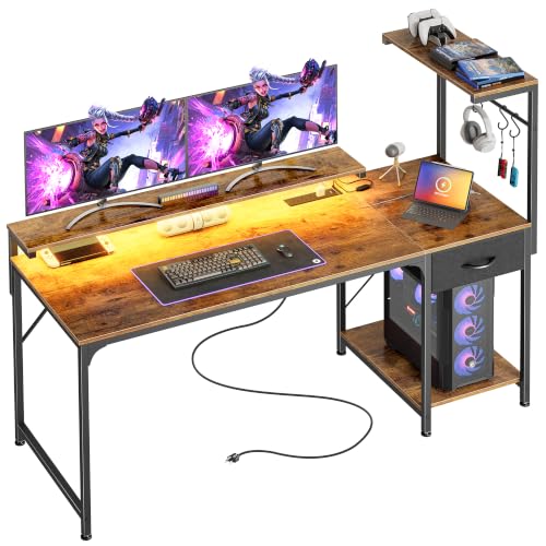 PRAISUN 55.1 Inch Gaming Desk with LED Lights & Power Outlets - color: Rustic Brown, size: 55.1 Inch