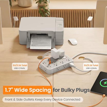 15 FT Surge Protector Power Strip with 6 USB, 16 Outlets, 2400J - color: White / Gray, size: 15 FT