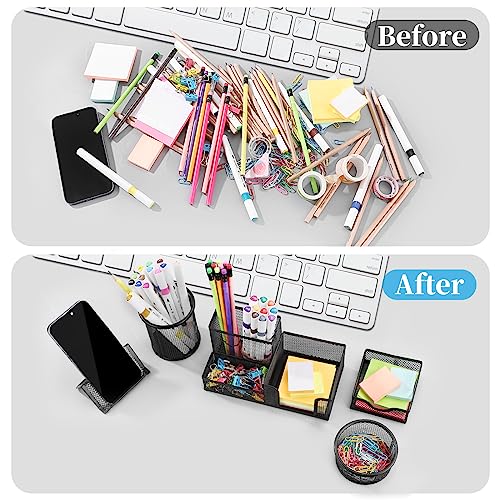 Mesh Pen Holder for Desk Pencil Holders 5 Pieces Desk Organizer Office Supplies Caddy with Sticky Notes Holder for Office School Home Black - style: 5 Piece Set