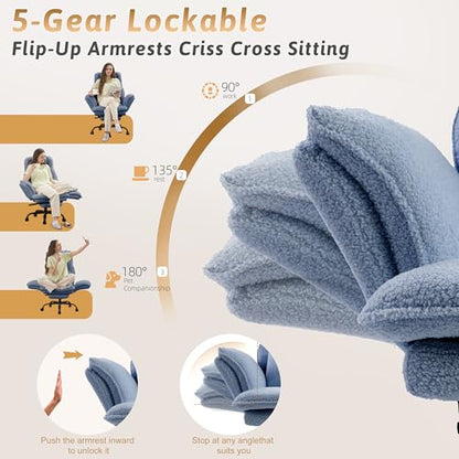 Wider Seat Office Chair with Flip Armrests for Criss Cross Legged&Cats, Big and Tall Executive Ergonomic Reclining Chair with Footrest&Lumbar Pillow, Teddy Fleece Desk Chair,Blue Vanity Chair - color: Blue