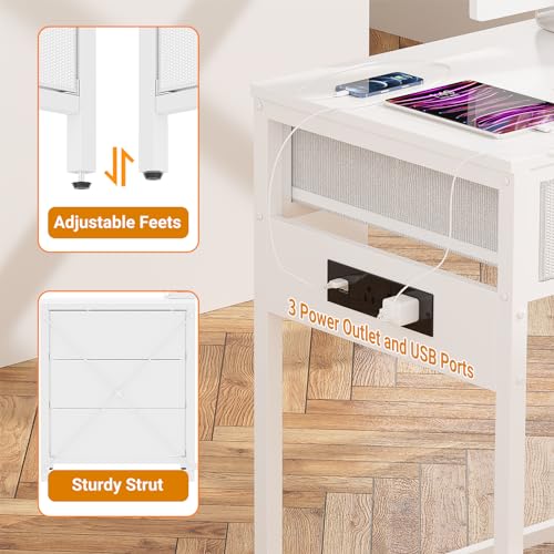 Unikito Reversible Computer Desk with 5 Drawers, Sturdy Office Desk with Power Outlets and USB Ports, Study Writing Table with File Cabinet & Printer Stand, Vanity Desk with Storage, White - color: White