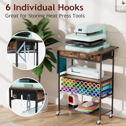 Homsorout Movable Heat Press Table with Drawer & Hooks, 23.6''×19.6'' - style: Black and Brown