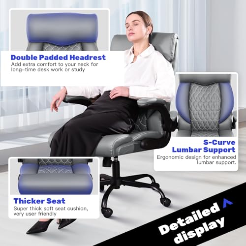 High Back Executive Office Chair - Ergonomic Computer Desk with Rocking Function, Leather Managerial with Adjustable Flip-Up Armrests and Lumbar Support - color: Grey, style: Without Footrest