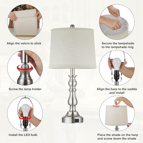 23'' Table Lamps Set of 2, Silver Lamps for Bedroom, USB C+A Ports - color: C.Light Oat, Silver