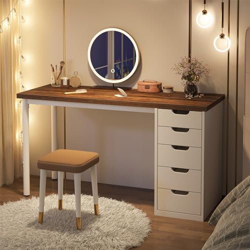Tribesigns Computer Desk with 5 Drawers, 47 inches Rustic Brown Home Office Desk with Storage, Modern Simple Laptop Desk Study Writing Table for Small Spaces (Brown+White) - color: Brown+white