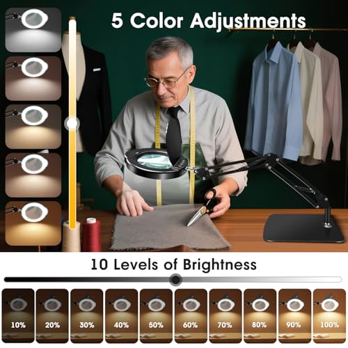 15X HD Magnifying Glass with Light, Hands-Free Desk Magnifier with 2-in-1 Base & Clamp, Adjustable Swing Arm, 5 Color Modes, 10 Brightness Levels for Reading, Crafts, Sewing & Nail Art - style: Clamp+Stand【UPGRADE】