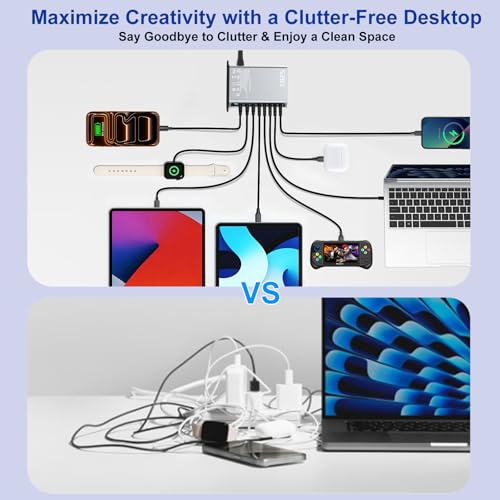520W USB C Charger Station, 8-Port (4C+4A) GaN Fast Charger Block, 100W PD PPS for MacBook/iPad/iPhone, with PFC & Anti-Slip Base, Ventilation Design, Include 1.5M 100W Cable & Cable Organizer - color: silver