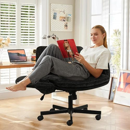 Criss Cross Chair with Wheels & Arms, Chenille Cross Legged Office Chair with 5-level Folding Armrest, Comfortable Adjustable Swivel Vanity Chair for Home, Make Up, Bed Room, Office, Accent (Black). - color: Black, style: Modern