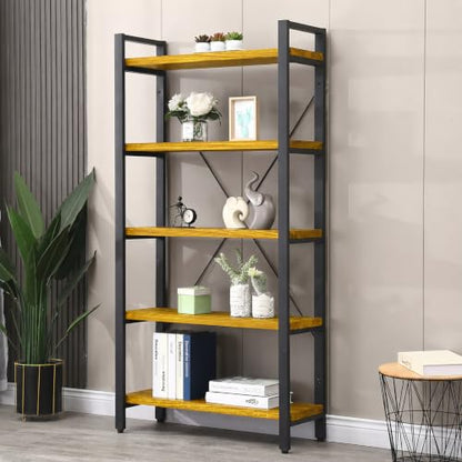 Real Solid Wood Rustic Vintage Industrial Etagere Bookshelf, Metal & Timber Free Vintage Bookcase, Golden (Genuine Timber) (5-Tiers-Golden Oak) - size: 5-Tiers-Golden Oak