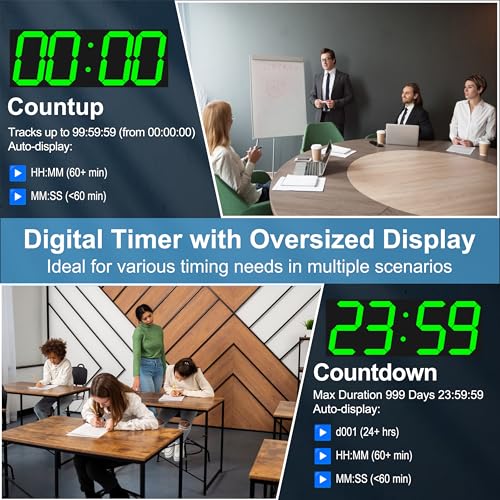 CHKOSDA 18.7" Large Digital Wall Clock with GPS Auto-Sync Time - 6 Inch Bright Green LED, Remote, Count Up/Down Timer, Date & Temp. Plug-in for Gym, School, Classroom & Sports Field - color: 18.7" Gps Auto-sync Wall Clock-green