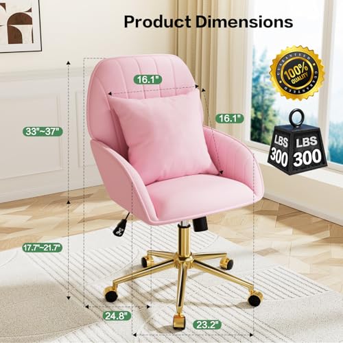 Pink Velvet Desk Chair with Pillow, Upholstered Home Office Desk Chair Makeup Vanity Chair with Swivel Wheels, Ergonomic Office Chair Computer Task Chair for Living Room, Bedroom - color: Pink