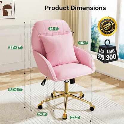 Pink Velvet Desk Chair with Pillow, Upholstered Home Office Desk Chair Makeup Vanity Chair with Swivel Wheels, Ergonomic Office Chair Computer Task Chair for Living Room, Bedroom - color: Pink