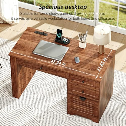 Ieejdn 47" Home Office Desks, Executive Desk, Farmhouse Computer Desk with Drawers and Charging Station, File Drawer, Storage Cabinet, Rustic Computer Writing Desk,Antique Tan - color: White, size: 47.24"