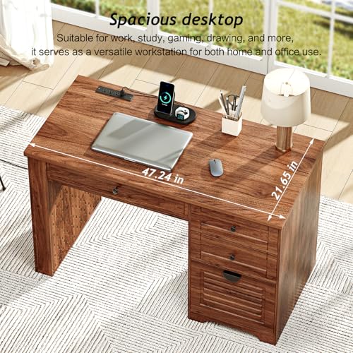 Ieejdn 47" Home Office Desks, Executive Desk, Farmhouse Computer Desk with Drawers and Charging Station, File Drawer, Storage Cabinet, Rustic Computer Writing Desk,Antique Tan - color: White, size: 47.24"