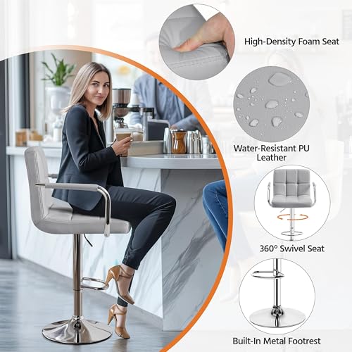 Yaheetech Bar Stools Set of 2, Adjustable Swivel with Backs, Light Gray - color: Light Grey, size: Set of 2