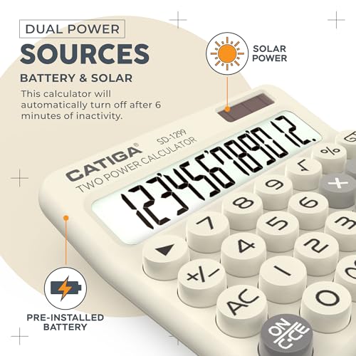 CATIGA Mechanical Switch Calculator with Solar and Battery Dual Power, 12-Digit Large LCD Display, Aesthetic and Cute Desktop Calculator with Big Button, for Home, School and Office Use, SD-1299 - color: Z) Beige