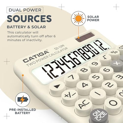 CATIGA Mechanical Switch Calculator with Solar and Battery Dual Power, 12-Digit Large LCD Display, Aesthetic and Cute Desktop Calculator with Big Button, for Home, School and Office Use, SD-1299 - color: Z) Beige
