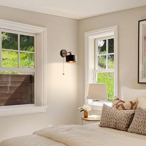Wood Wall Sconce with Pull Chain Adjustable Swing Arm Natural Or Walnut Wood Cylinder Shade Brass Accent Wall Lamp for Bedroom Living Room Hallway Reading Nook(Walnut) - color: Walnut