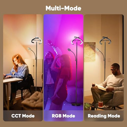 Upgraded 36W RGBCW Floor Lamp with Ring Reading Lamp, Rotatable Remote Control LED Standing Lamp Dimmable Floor Light Modern Standing Light for Living Room Bedroom Home Office, Black - color: 2-in-1 Black RGB