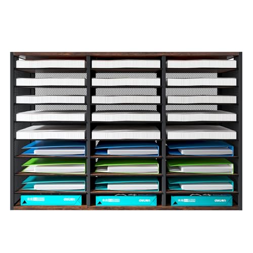 PAG Mass Mail Sorter - Adjustable Mail Holder, Countertop Literature Organizer, Student Mailbox for Classroom, Desktop Bill Paper Organizer for Office & Home, 27 Compartments, Brown - color: Brown, size: 31.5" × 12.2" × 21.4"